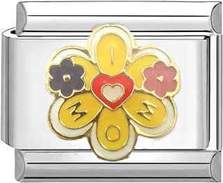 UNY JEWEL I Heart Mom Flower Petals Italian Charm 9mm Stainless Steel Link - Enamel Love Message Floral Design Modular Charm Bracelet Link