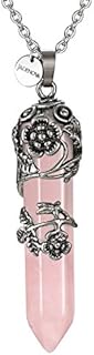 Rose Quartz Crystal Antique Silver Rose Flower Wrapped Necklace with Stainless Steel Box Chain and Lobster-Claw Clasp