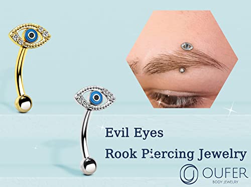 OUFER 16G Rook Earrings, 316L Surgical Steel Eyes Rook Piercing Jewelry, Clear CZ Paved Eyebrow Rings, Curved Barbells, Vertical Labret Lip Piercing Jewelry