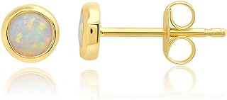 MAX + STONE Solid 14k Gold Bezel Set Round Small 4mm Created Opal Stud Earrings for Women with Push Backs October Birthstone Yellow Gold Earrings