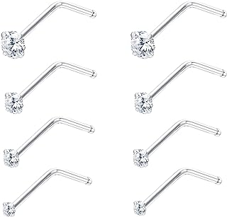 Sllaiss 22G 8Pcs Small L Shape Nose Rings Piercing Pin Studs for Women Men 925 Sterling Silver Nose Studs Rings Body Jewelry 1.5mm 2mm 2.5mm 3mm Hypoallergenic