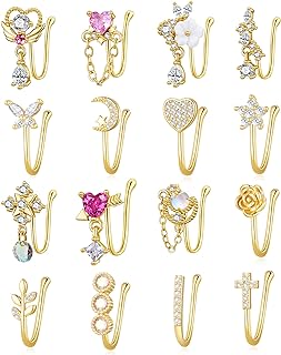 Cubic-Zirconia Embellished, 16-Piece PLOMFOV Fake Nose Ring Set for Women, Featuring Various Elegant Designs, Comfortable Copper Material & Easy Clip-on Application