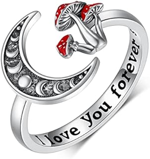Magical Moon Mushroom Sterling Silver Ring for Women - Adjustable Size - Featuring Red Mushroom Design - Perfect Gift for Girlfriend, Mom, Teen Girls