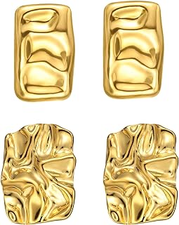 ENVYOU Geometric Rectangle Gold Stud Earrings Irregular Hammered Chunky Statement Square Earrings for Women Trendy