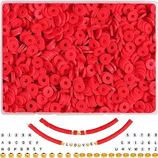 Premium Polymer Clay Bead Bracelet Making Kit for DIY Jewelry with Gold Spacer Beads by JMUQ, Ideal Gift for Crafty Loved Ones, 4500pcs Red Clay Beads in Round Shape Design