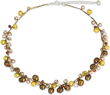 NOVICA Artisan Handmade Cultured Freshwater Pearl Strand Necklace Silk Stainless Steel Glass Bead White Beaded Thailand Birthstone 'River of Gold'