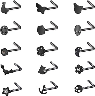ZS 20G Black Nose Rings Nostril Studs for Women, Surgical Steel Nose Studs Ring L-Shaped, 20Pcs Halloween Bat Skull Corkscrew Nose Piercing Jewelry