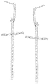 14K White Gold Plated Sterling Silver 0.25 CT Created Diamond Cross Dangle Earrings, Round Cut