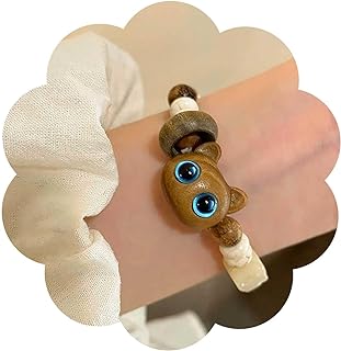 Lobster Claw Clasp Beaded Bracelet with Vintage Cartoon Cat Design and Black Obsidian Beads for Women - Zinc, No Gemstone