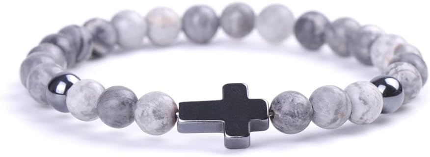 6mm Cross Beaded Bracelet for Girls Women Natural Stone Stretch Link Prayer Bracelet for Boy Girls,7.1"