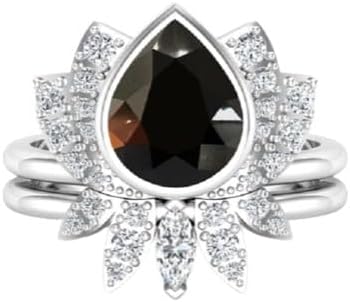 2PCS Black Onyx Wedding Ring, 1.00 CT Natural Black Onyx Engagement Ring set For Her,Bezel Setting Ring For Christmas Gift,Lotus Flower Women's Rings