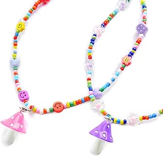 2pc Beaded Choker Necklaces, Smiley Face Necklaces | Beaded Necklaces For Women & Girls, Mushroom Pendant Necklace | Beaded Choker, Rainbow Beaded Necklace, Beach Necklaces