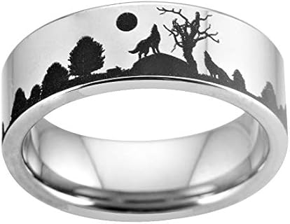 8MM Width Silver Tone Howling Wolf Tungsten Wedding Ring with Polished Finish