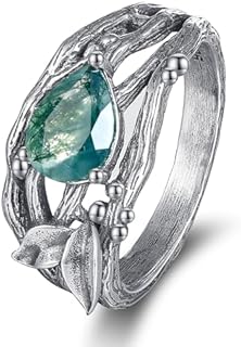 Natural Moss Agate/Moonstone Engagement Ring for Women 925 Sterling Silver Leaf Moonstone Ring Moss Agate Ring Branch Wedding Rings Promise Ring for Her Valentine's Day Gift Size 5-9