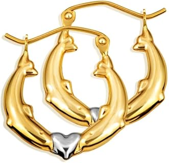 Solid 14K Two-Tone White and Yellow Gold Double Dolphin Heart Reversible Hoop Earrings for Women Girls, 2mm Thick 17.5mm Diameter