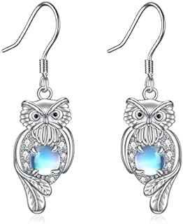 Sterling Silver French Wire Owl Dangle Earrings with Moonstone Accent, Animal Jewelry for Teens, Drop Design