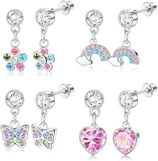 YADOCA 4 Pairs Screw Back Earrings For Girls Women Hypoallergenic 316L Stainless Steel Cute Pink CZ Heart Screwback Dangle Earrings Multicolored Cubic Zirconia Flower Butterfly Rainbow Earrings Dangling Set