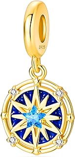 NUJIFFY 925 Sterling Silver Charms Beads for Bracelets & Necklaces, Blue Gold Star Astrolabe Compass Charm Retro Birthday Gifts Pendant Jewelry for Women Men Teens