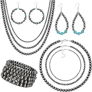 CASDAN 7 Pcs Navajo Pearl Necklace Western Jewelry Set for Women Including Cowgirl Vintage Multilayer Beaded Choker Necklace Navajo Turquoise Dangle Earrings Stretch Navajo Bracelets Bohemian Turquoise Jewelry