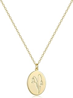 14K Gold Plated Oval Coin Pendant Necklace with Lobster Clasp for Women, 12 Month Birth Flower Brass Disc Design