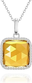 Citrine Pendant Necklace with Lobster Claw Clasp and Cable Chain for Women, Jupiter Natural Gemstone Square Design with 14K Gold Plated/Stainless Steel Element