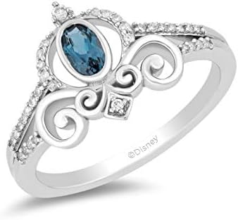 Enchanted Disney Belle Wedding Ring in Sterling Silver with 1/10 Cttw Diamonds & London Blue Topaz for Women, Cinderella Carriage Design