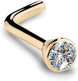 FreshTrends 14K Yellow Gold Diamond Nose Ring with Flush Bezel Setting - 20 Gauge, I1