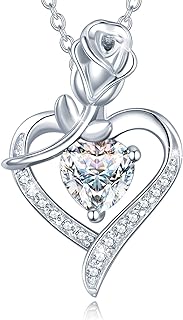 AGVANA Mothers Day Gifts Rosy Reverie Birthstone Necklace for Women Sterling Silver Genuine or Created Gemstone Rose Flower Heart Pendant Necklace Anniversary Birthday Gifts for Women Mom Wife Her