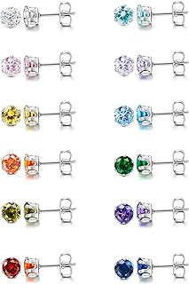 LOYALLOOK 12 Pairs Stainless Steel Brilliant Cut Round Cubic Zirconia Birthstone Stud Earrings for Women