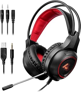LYCANDER Casque de Jeu Circum-Auriculaire Noir et Rouge avec Microphone, Isolation Acoustique et Effet LED, Idéal pour Joueurs Adultes sur Divers Appareils 3,5 mm
