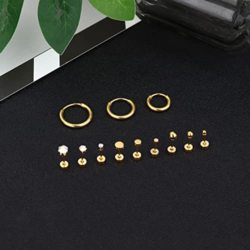 FASACCO Small Tiny Stud Flat Back Earring Gold Studs 18K Stainless Steel Earring Sets for Multiple Piercing Cartilage Hoop Earrings