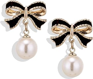 Gold Pearl Bow Earrings for Women Girls Ribbon Dangle Drop Stud Earrings Silver Dainty Faux Pearl Earrings for Women Jewelry Gifts for Mom Girlfriend Her
