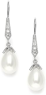 Mariell CZ Vintage French Wire Light Ivory Pearl Teardrop Dangle Bridal Earrings Plated in Platinum