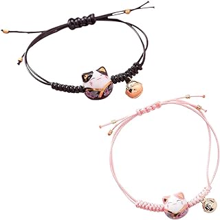 NUOBESTY Women's Bracelet 2Pcs Lucky Cat Bracelet Maneki Braided Bangles with Bell Animal Pendant Hand Chain Wristband Lady Wrist Chain Girl Easter Gift Jewelry Charm Bracelets