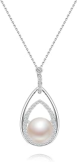 925 Sterling Silver Pearl Pendant Necklace | Freshwater Cultured White Genuine Pearl with Cubic Zirconia for Girl&Women-AKOCIDY