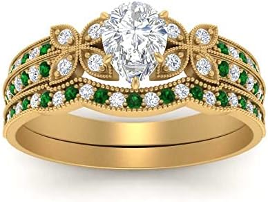 Customizable 18k Yellow Gold Plated, Pear Shaped Milgrain Petal Diamond CZ Engagement Ring - Choose Your Gemstone - Suitable for All Ring Sizes (US 4 to 12) - Ideal Gift for Loved Ones