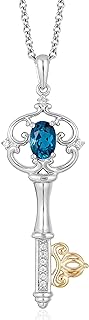 Enchanting Disney Inspired Key Pendant Necklace with Oval Diamond - 10K Yellow Gold and Sterling Silver Cable Chain Necklace adorned with 6x4mm London Blue Topaz Gem and White Diamonds, Spring Ring Clasp