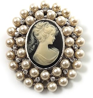 Silver Plated Simulated Pearl & Crystal Cameo Brooch with Secure Pin Clasp for Special Occasions, Classic Design