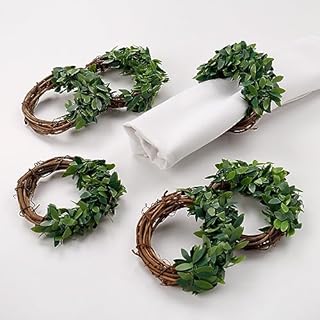 Getfitsoo Leaf-Shaped Rattan Napkin Rings, Set of 6 - Ideal for Weddings, Holiday Parties, and Special Occasions - Green Leaves Design