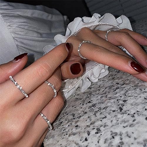 Stackable 925 Sterling Silver Rings for Women, Dainty Stacking 5PCS Silver Link Ring Set for Women Cute Fashion Sparkling Shiny Knuckle Rings Pack Jewelry Gift for Women Teen Girls Size 5-10