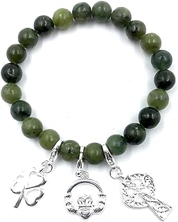 Irish Connemara Marble Bead Bracelet with Cord Chain, Silver-Plated Cross, Shamrock, and Claddagh Charms
