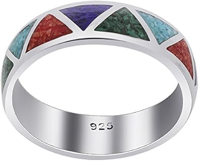 Southwestern Style Multi Gemstone 6mm Wedding Band 925 Sterling Silver Ring for Women
