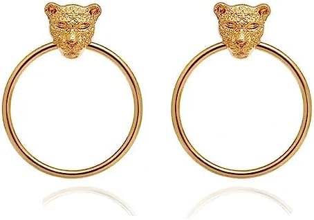 Gold Plated Leopard Head Large Hoop Earrings for Women and Girls with Zinc Alloy and No Gemstones - Unique Round Circle Design