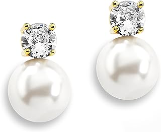 Mariell White Pearl Bridal Earrings with Cubic Zirconia Crystal Top, 9mm White Pearl Stud Earring, Perfect for Brides, Bridesmaids, Wedding Party and Everyday Wear