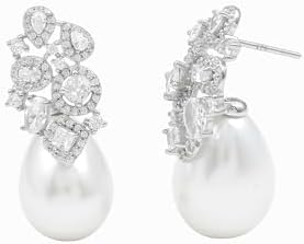 Freshwater Pearl Dangle Earrings with Lab Grown Diamond, Silver Pearl Statement Earrings, Wedding Earrings for Bridesmaids Brides (With Jewelry Box)