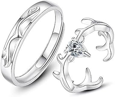 Deer Antler Couples Matching Rings Set Cute Silver Deer Ring Dainty CZ Cubic Zirconia Adjustable Matching Antler Wedding Rings Christmas Valentine's Day Gift for Women