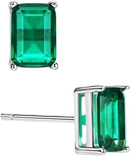 Michooyel Sterling Silver 1.2ct Synthetic Emerald Stud Earrings Solitaire 4 Prongs Setting Baguette Earrings for Women Girls