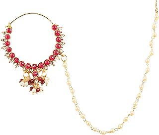 Touchstone NEW Indian Bollywood Desire Faux Pearls Faux Ruby Designer Bridal Jewelry Nath (Nose Accessory) In Gold Tone For Women.