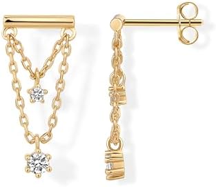 PAVOI 14K Gold Plated 925 Sterling Silver Posts Bar Drape Chain Earrings for Women | Cubic Zirconia Chain Dangle Studs | Chain Drop Dangle Earrings