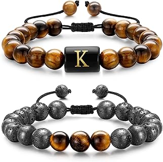 M MOOHAM Beaded Bracelets for Men Gifts - 8mm Natural Stone Initial Bracelet for Men Lava Rock Tiger Eye Bracelets Fathers Day Birthday Graduation Gifts for Men Teen Boys